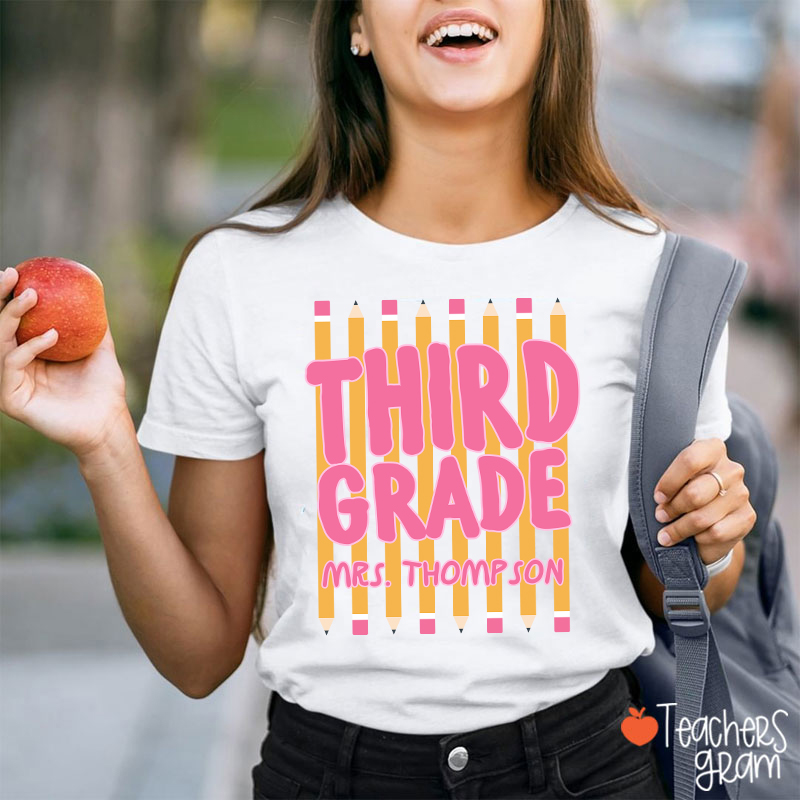 Personalized Name And Grade Pencil Stripes Teacher T-Shirt