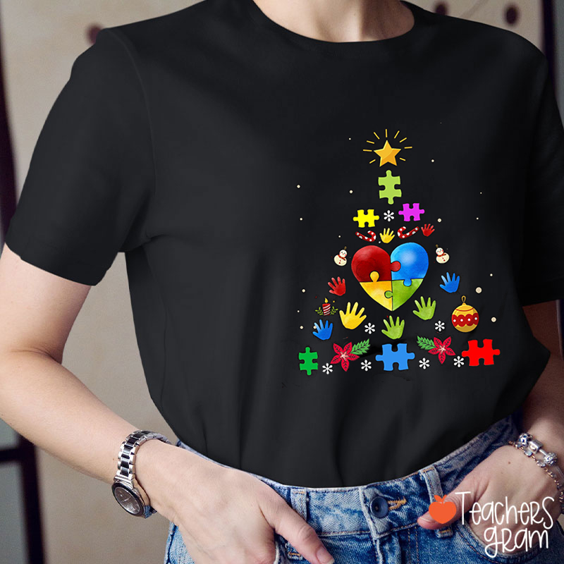 Autism Awareness Christmas Tree Teacher T-Shirt