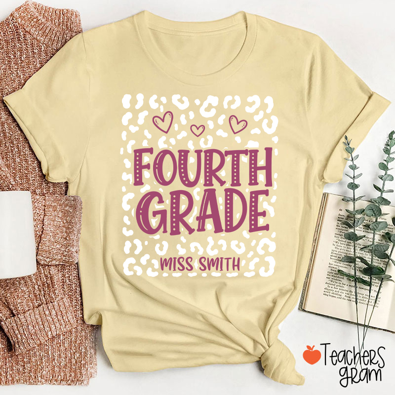Personalized Name And Grade Leopard Heart Teacher T-Shirt