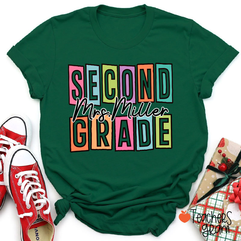Personalized Name And Grade Colorful Block Letter Cursive Script Teacher T-Shirt