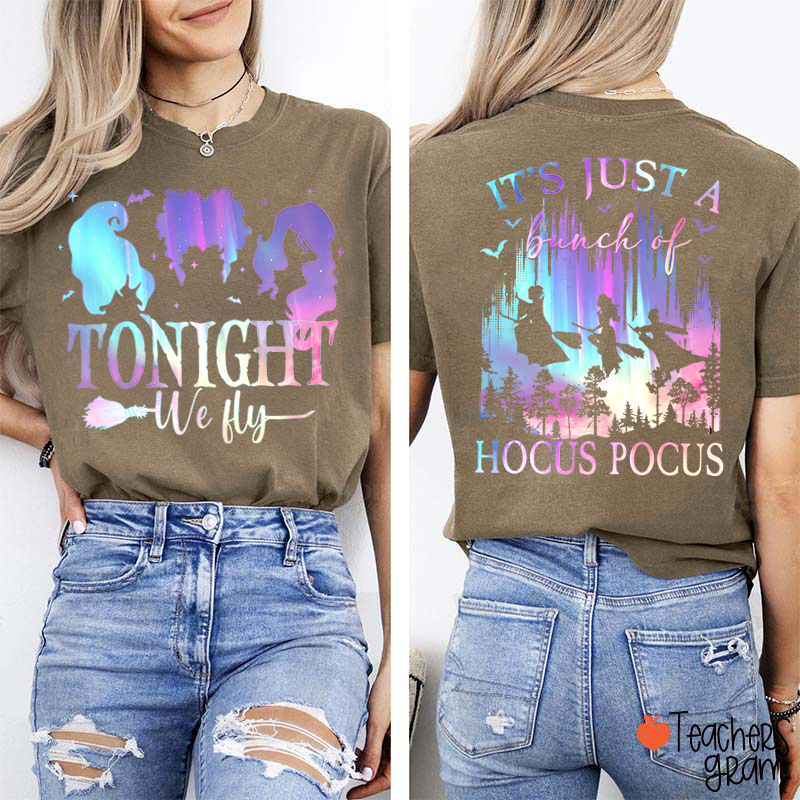 Tonight We Fly Witch Silhouette Broom Bat Teacher Two Sided T‑Shirt