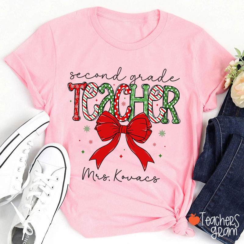 Personalized Grade And Name Coquette Bow Christmas Teacher T-Shirt