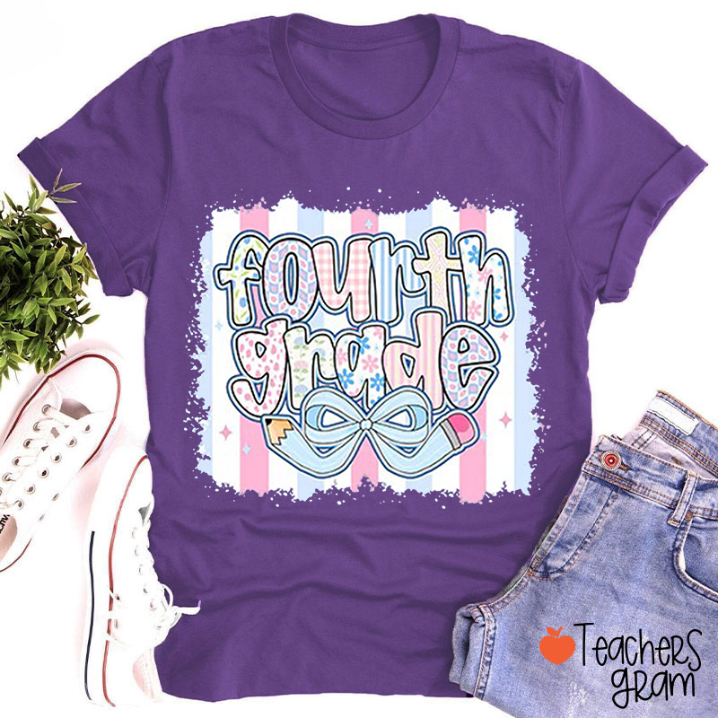 Personalized Grade Pencil Bow Blue Pattern Teacher T-Shirt