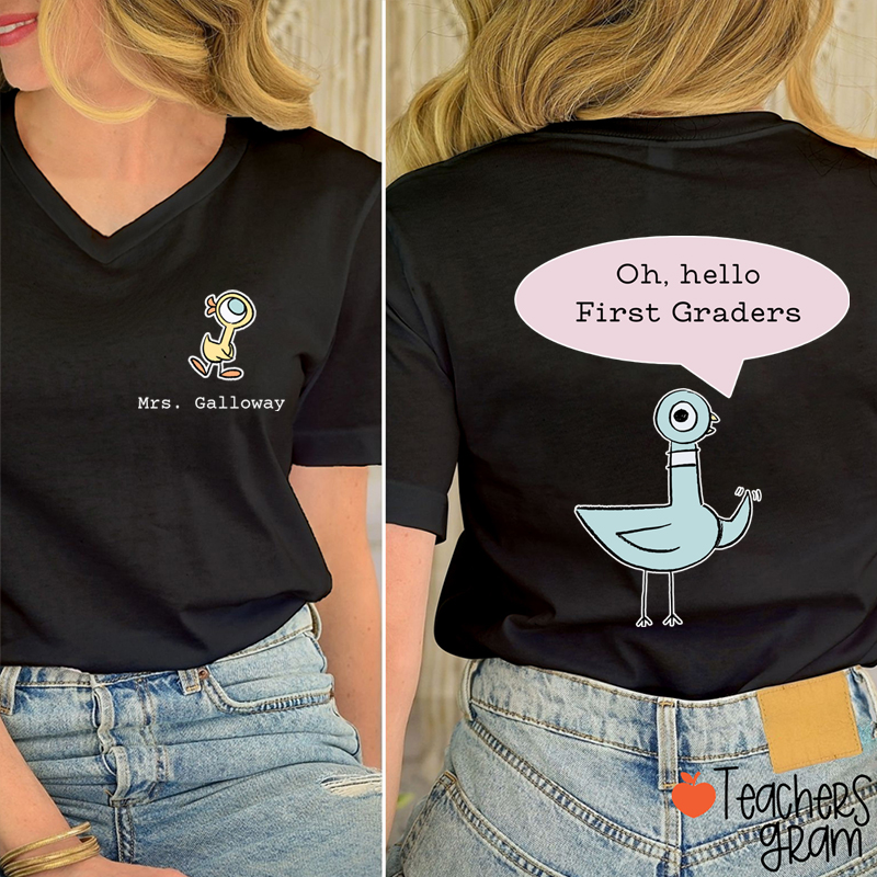 Personalized Name And Grade Hello Teacher Female V-Neck Two Sided T-Shirt