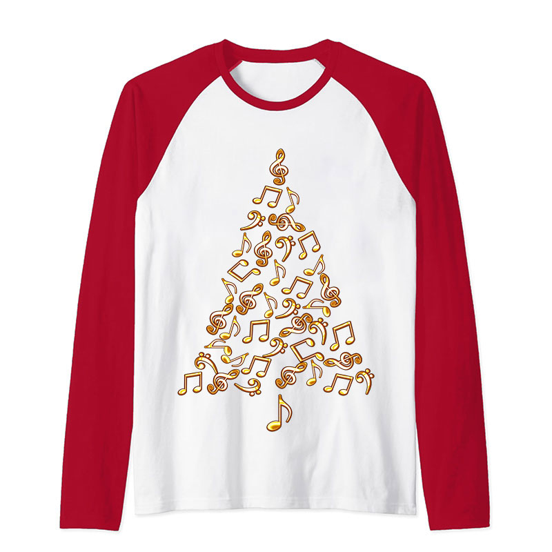 Music Gold Notes Tree Christmas Teacher Raglan Long Sleeve T-Shirt