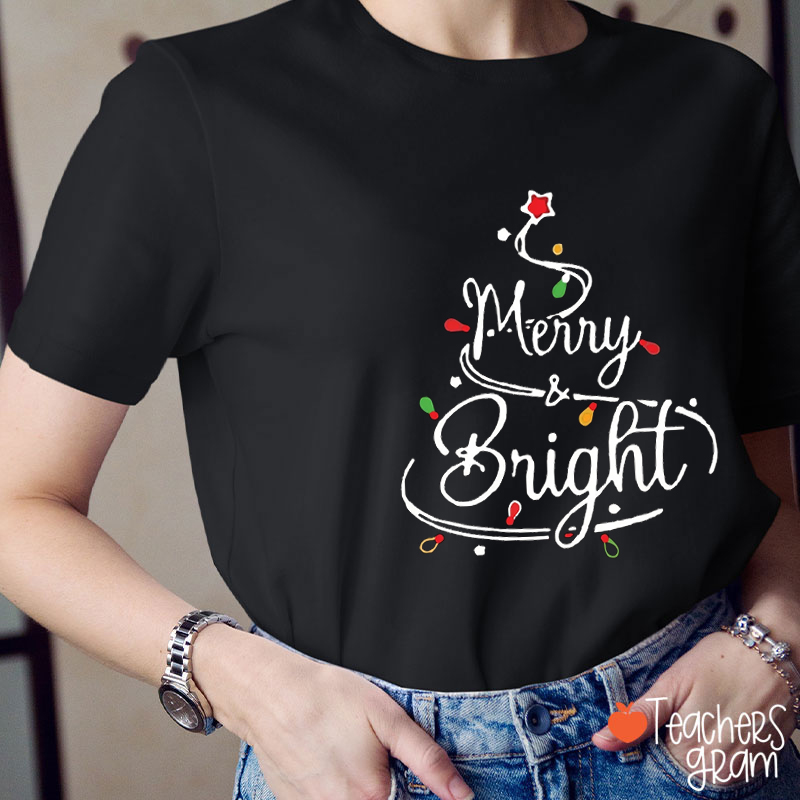 Merry And Bright Christmas Tree Teacher T-Shirt
