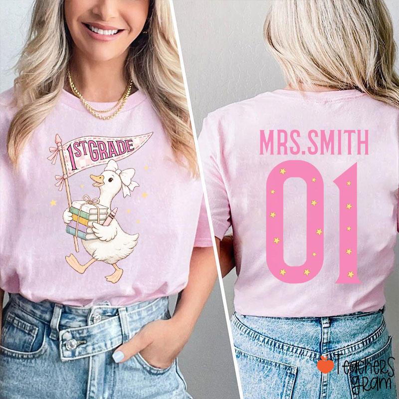 Personalized Grade Name Silly Goose Pennant Teacher Two Sided T-Shirt