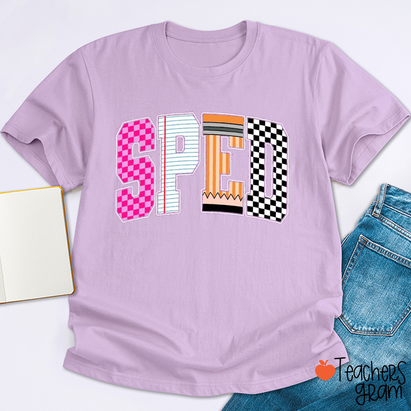 Personalized Grade Or Text Checkered Notebook Pencil Fonts Teacher T-Shirt