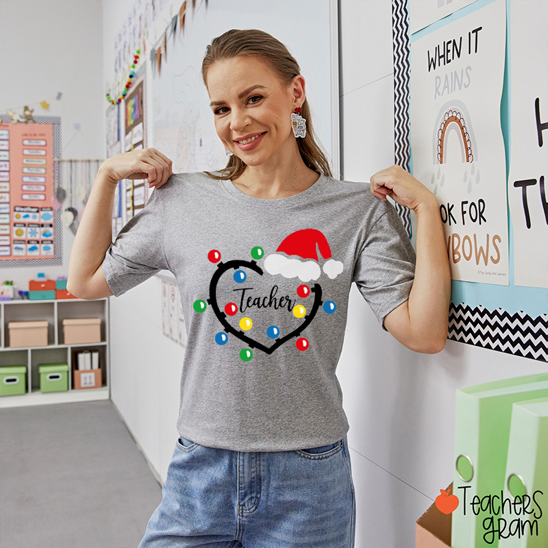 Personalized Text Heart Lights Santa Hat Teacher T-Shirt