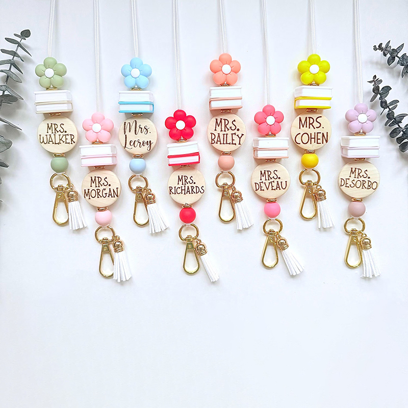 Personalized Name Flower Book Teacher Lanyard