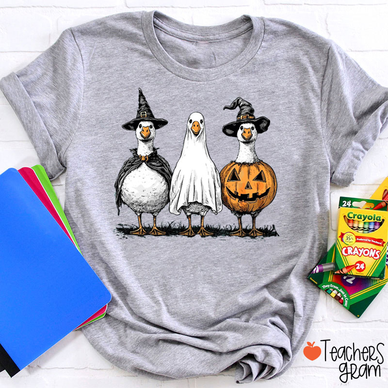 Three Spooky Geese Halloween Vibes Teacher T-Shirt