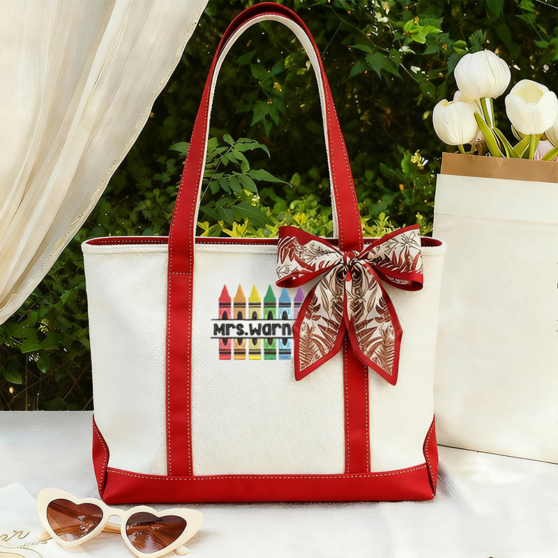 Personalized Name Colorful Crayons Teacher Canvas Tote Bag