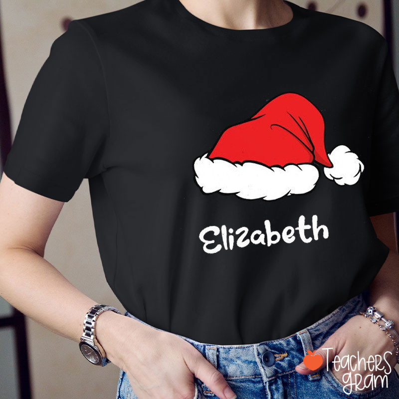 Personalized Name Santa Hat Merry Christmas Teacher T-Shirt