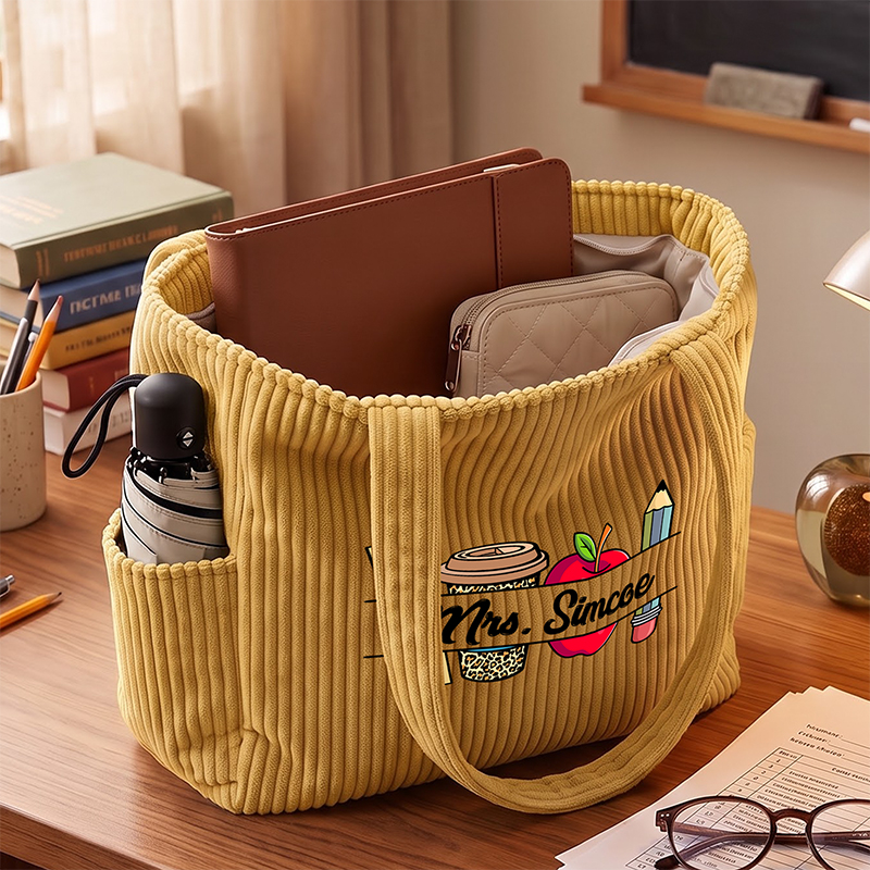 Personalized Name Apple And Coffee Teacher Corduroy Tote Bag