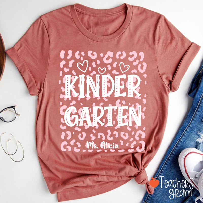 Personalized Name And Grade Leopard Heart Teacher T-Shirt
