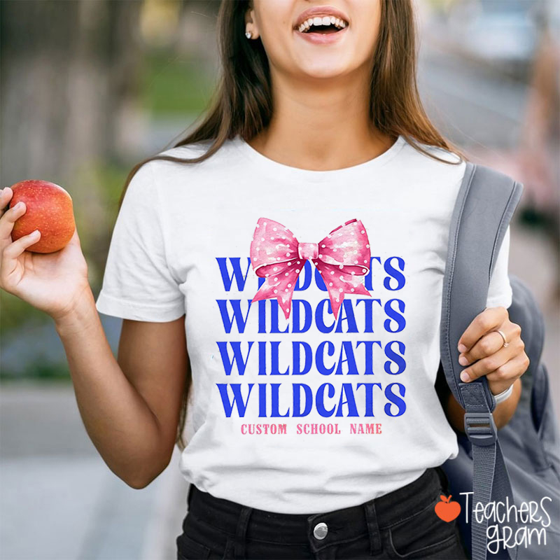 Personalized Mascot Coquette Bow Stacked Text Teacher T-Shirt