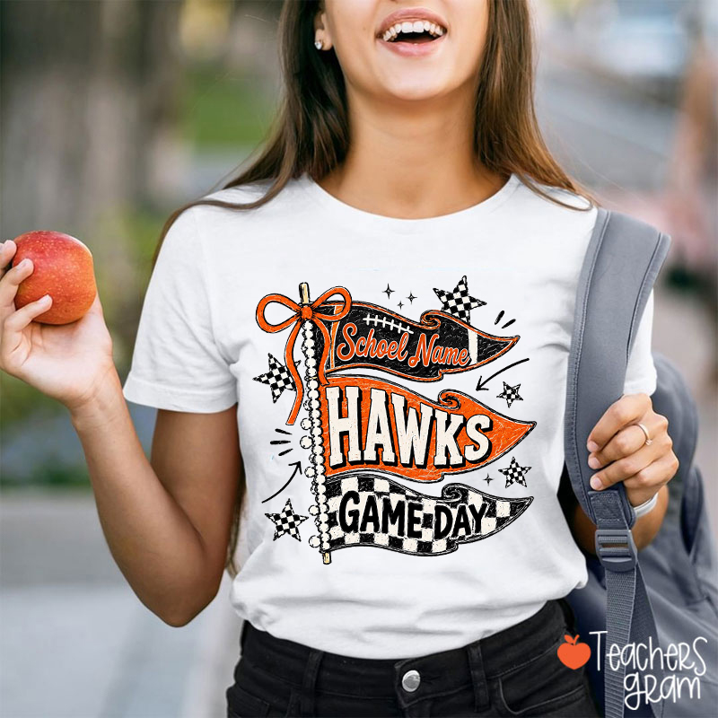 Personalized Mascot School Name Sport Checkered Pennant Bow Game Day Teacher T-Shirt