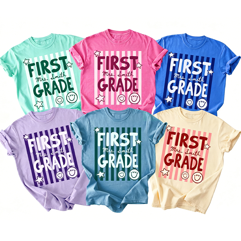 Personalized Colorful Stripe Grade And Name Teacher T-Shirt
