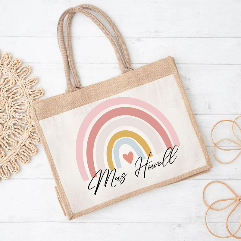 Personalized Pink Rainbow Teacher Jute Lunch Bag
