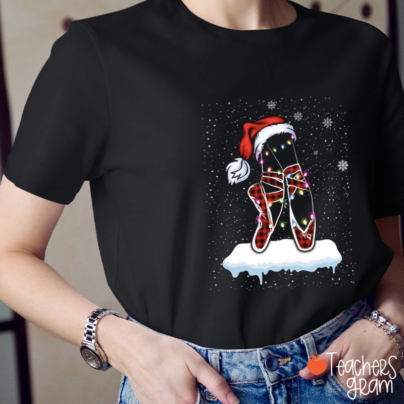 Plaid Ballet Dancing Shoes With Santa Hat Teacher T-Shirt