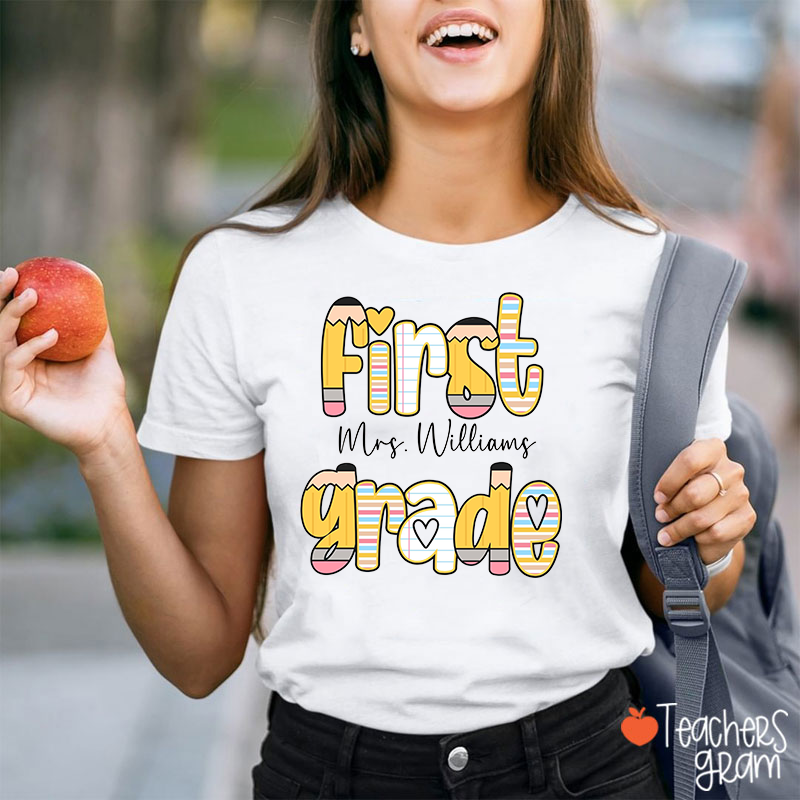 Personalized Grade Name Pencil Notebook Heart Teacher T-Shirt