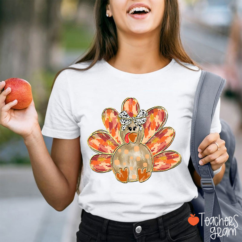 Happy Thanksgiving With Cute Turkey Teacher T-Shirt
