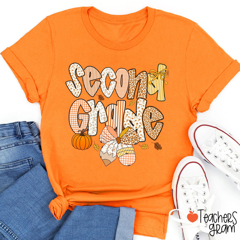 Personalized Grade Pumpkin Leaf Leopard Print Teacher T-Shirt