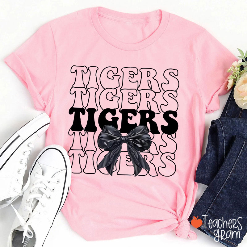 Personalized Mascot Bow Stacked Typography Teacher T-Shirt