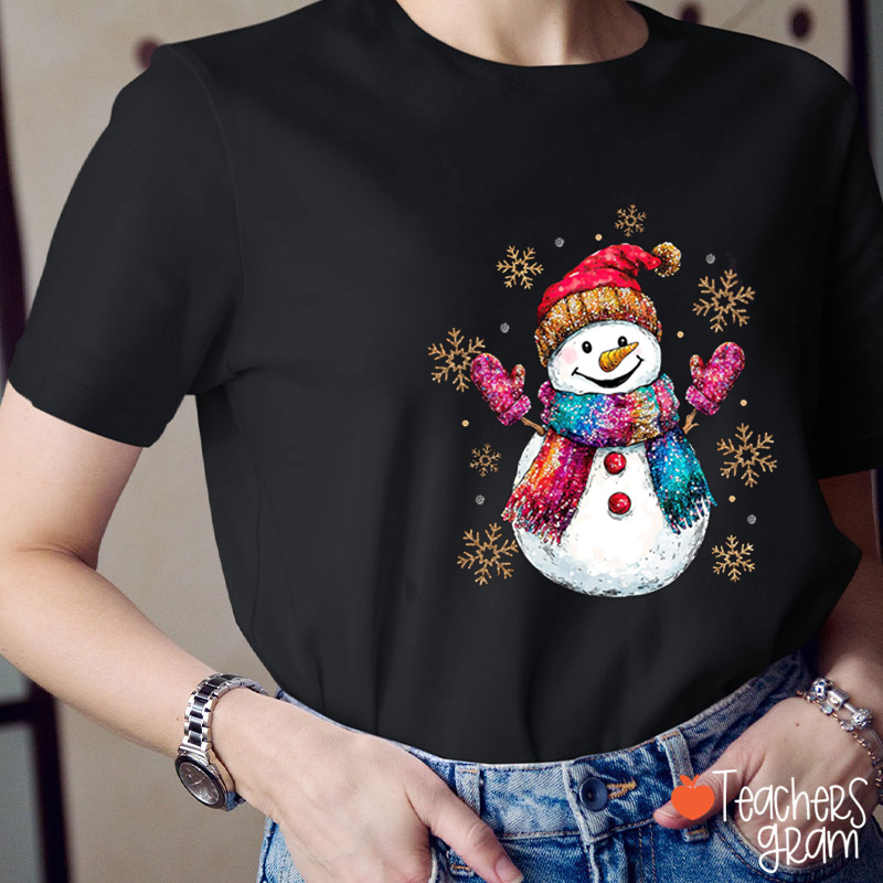 Colorful Scarves Snowman Teacher T-Shirt