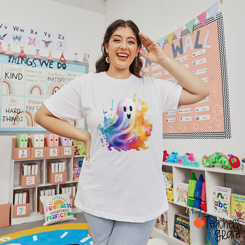 Rainbow Watercolor Ghost Teacher T-Shirt