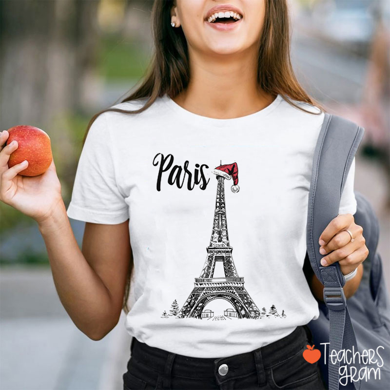 Eiffel Tower With Santa Hat French Teacher T-Shirt