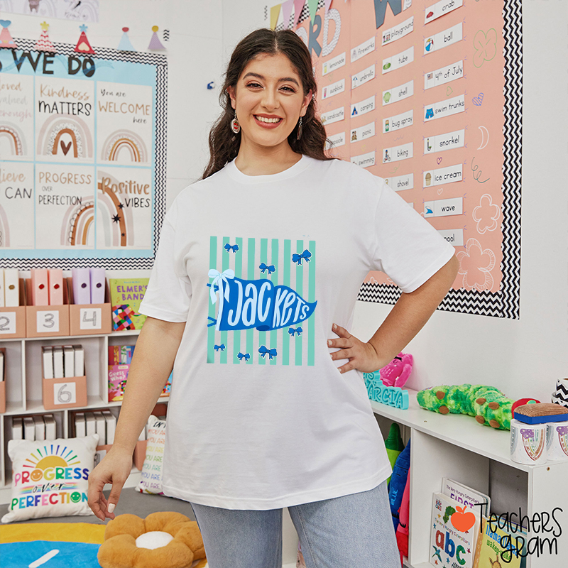 Personalized Mascot Pennant Stripes Coquette Bow Teacher T-Shirt