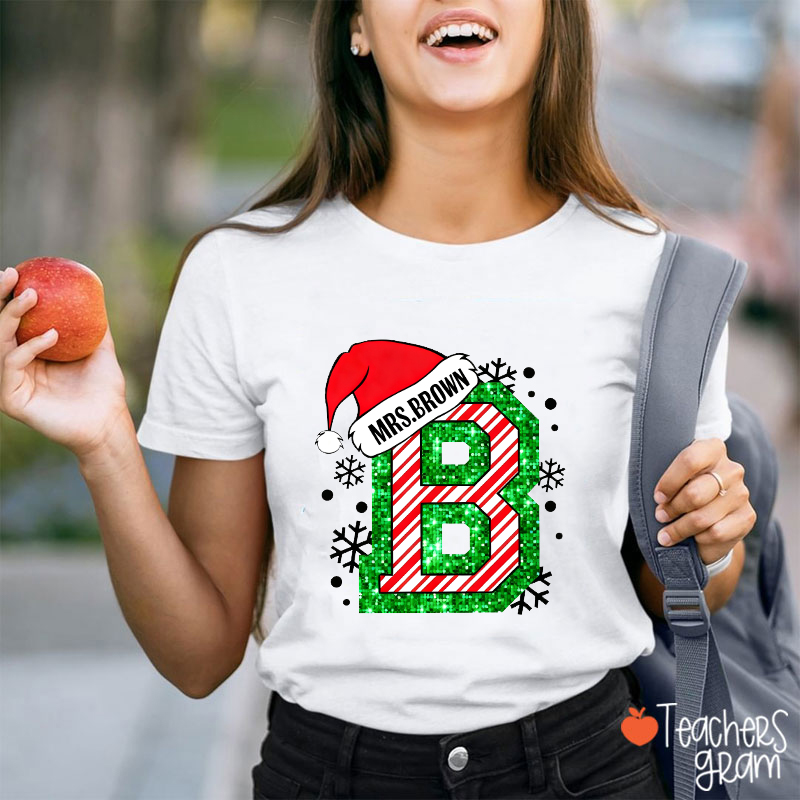 Personalized Mascot Or Name Initial Christmas Santa Hat Teacher T-Shirt