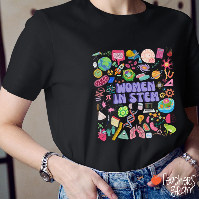Women In Stem Science Cartoon Icons Teacher T-Shirt