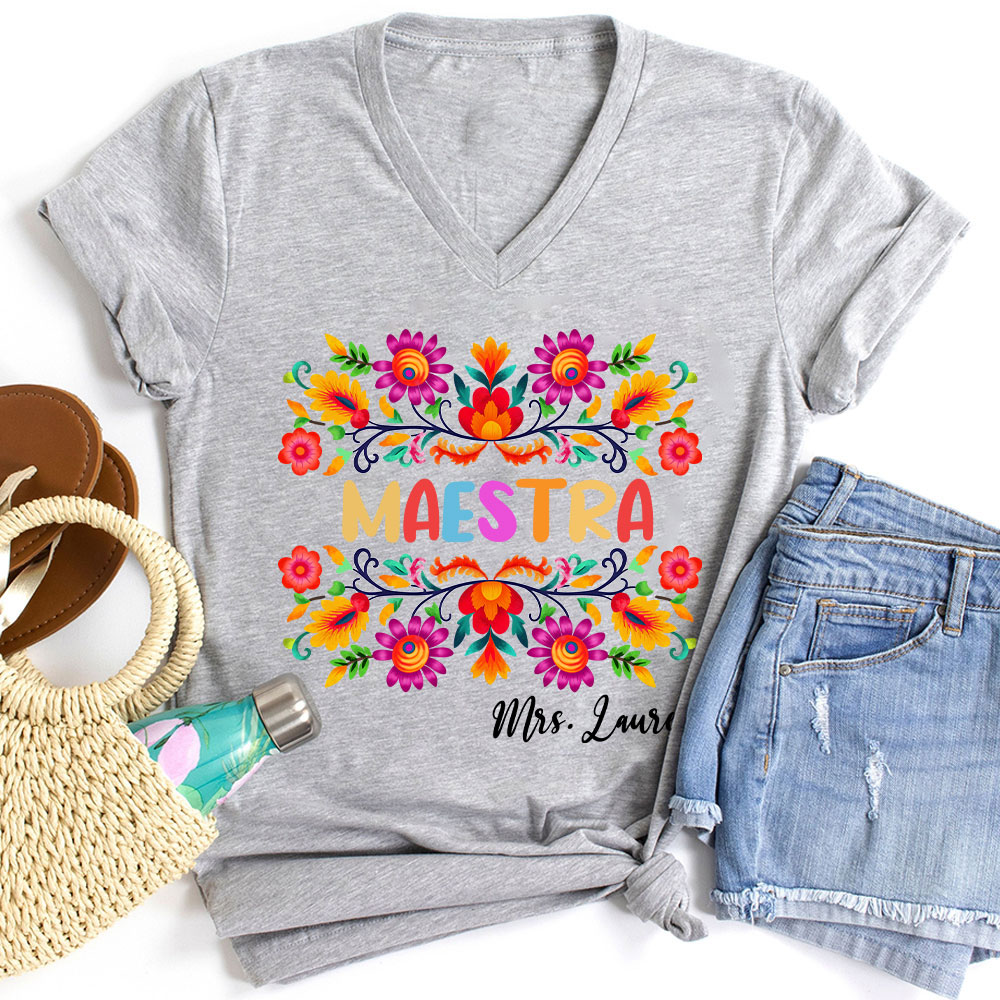 Personalized Name Maestra Teacher Female V-Neck T-Shirt