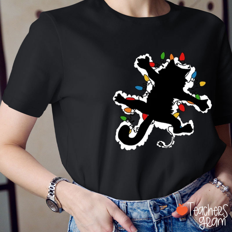Cat Entangled In Christmas Lights Teacher T-Shirt