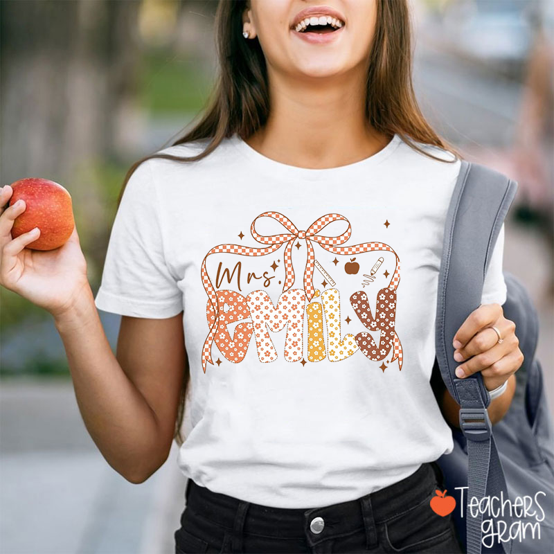 Personalized Grade Name Bow Checkerboard Coquette Teacher T-Shirt