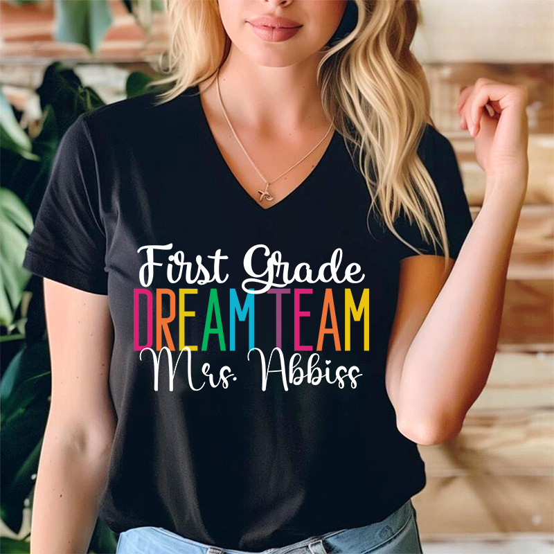 Personalized Back To School Dream Team Teacher Female V-Neck T-Shirt