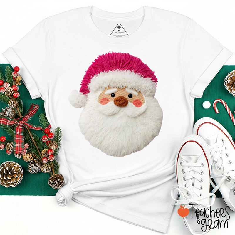 Faux Yarn Santa Pink Hat Teacher T-shirt
