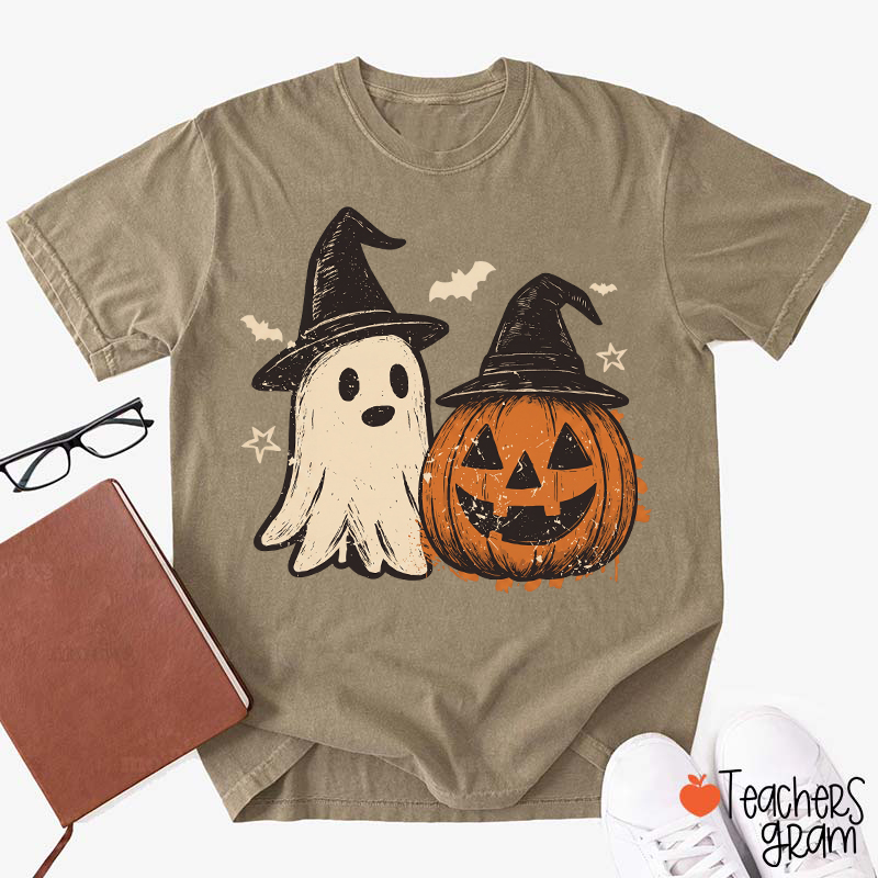 Vintage Ghost Pumpkin Witch Hat Bat Star Teacher T‑Shirt