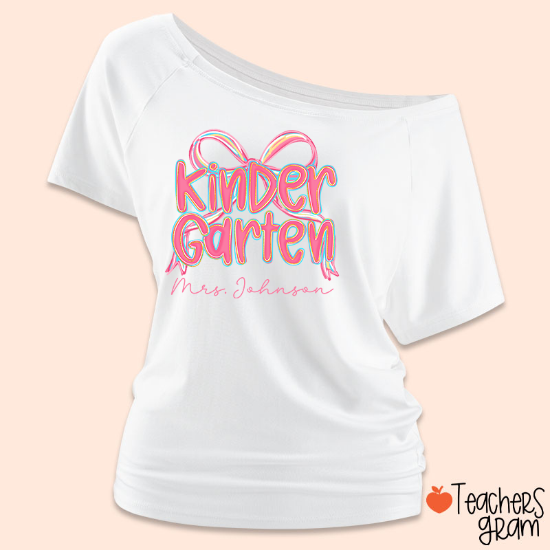 Personalized Grade Pink Bow Teacher Off Shoulder Shirt