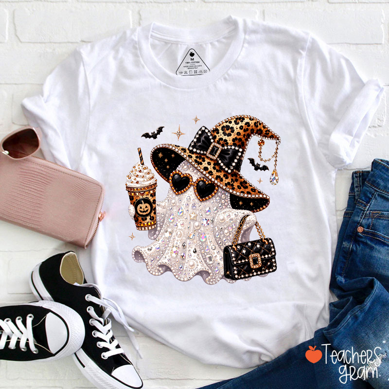 Faux Bling Ghost Coffee Witch Teacher T-Shirt