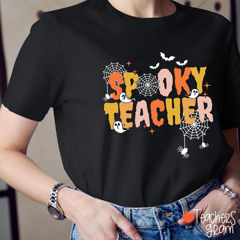 Spooky Teacher Spider Web Ghost Teacher T-Shirt