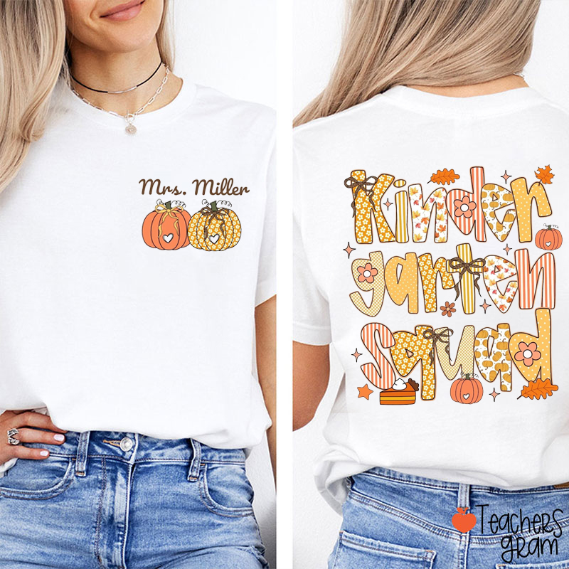 Personalized Name And Grade Pumpkin Autumn Teacher Two Sided T-Shirt