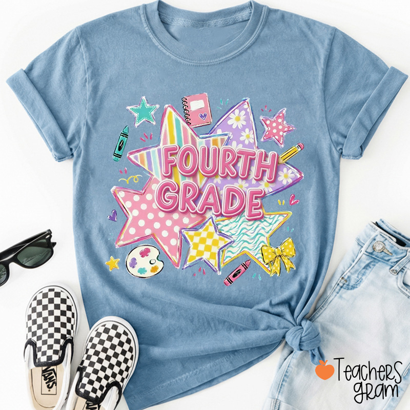 Personalized Gingham Stripes Preppy Teacher T-Shirt