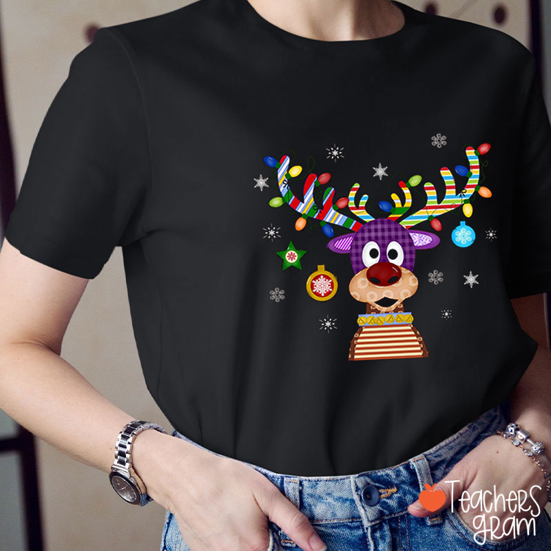 Colored Lights Reindeer Teacher T-Shirt