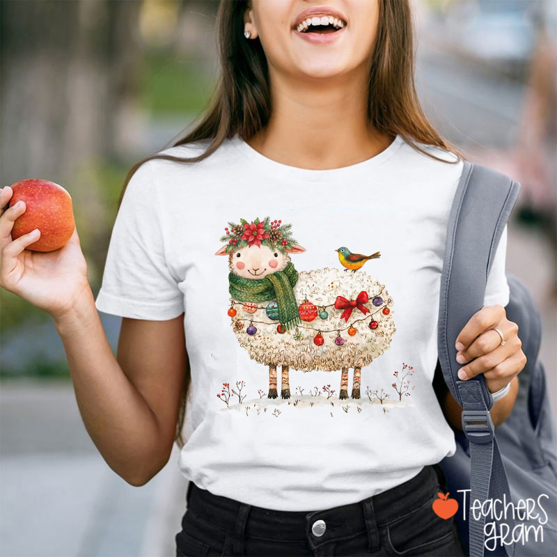 Christmas Sheep With Bird Teacher T-Shirt