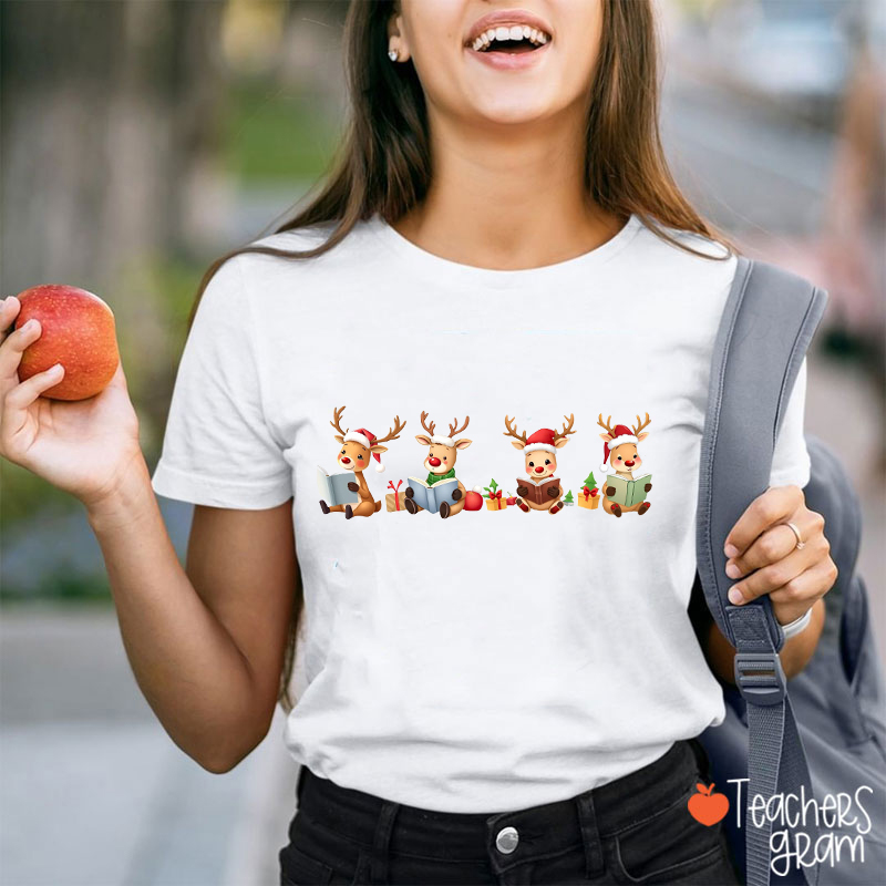Reindeer Reading Christmas Teacher T-Shirt