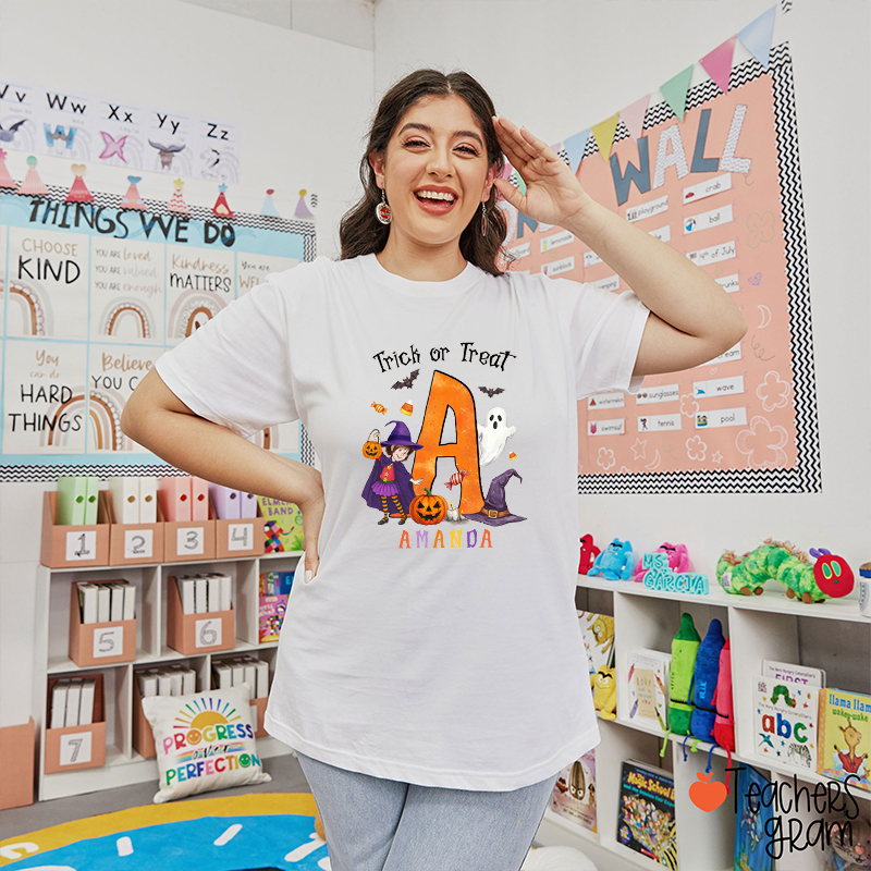 Personalized Name And Initial Trick Or Treat Teacher T-Shirt