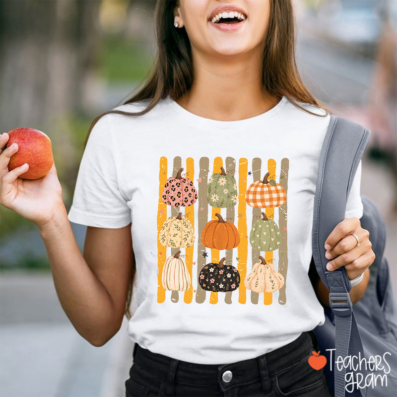 Patterned Fall Pumpkins Teacher T-Shirt